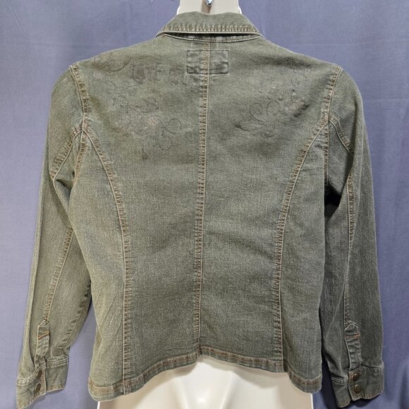 Y2K Fitted Denim Utility Jacket Size XXL Green Full Zip Flap Pockets Grunge - Picture 10 of 16